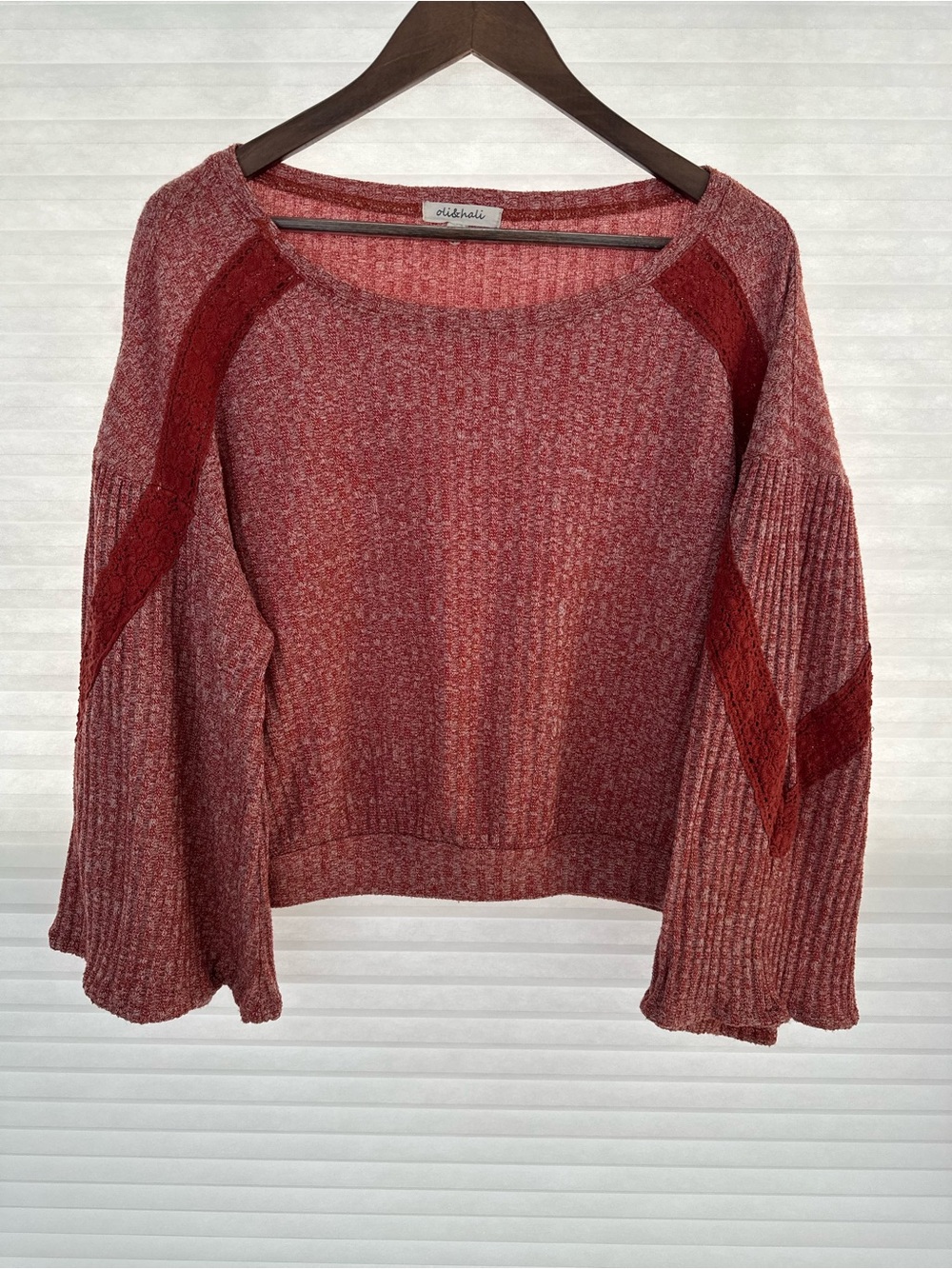 Oli & Hali Size Large Rust Crochet Bell Sleeve Knit Top